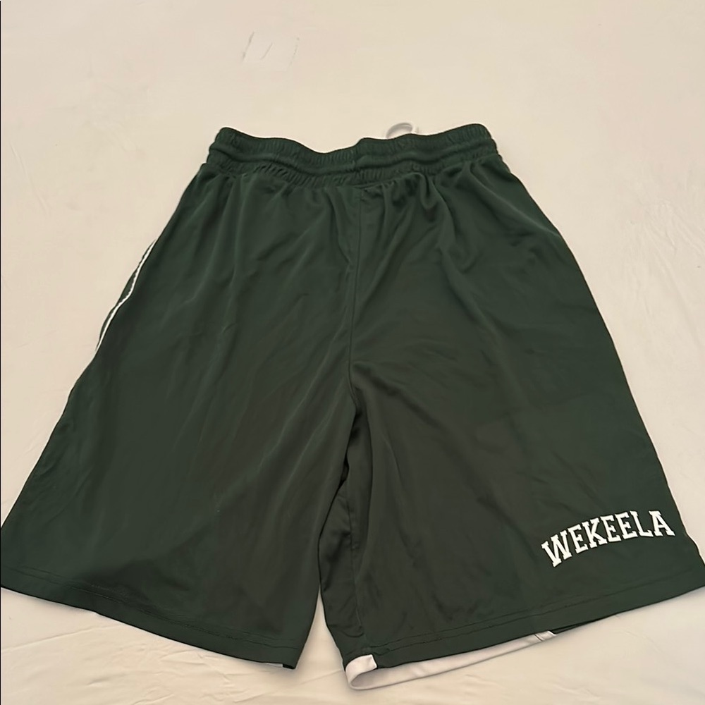 Alleson green and white Camp Wekeela logo athletic shorts